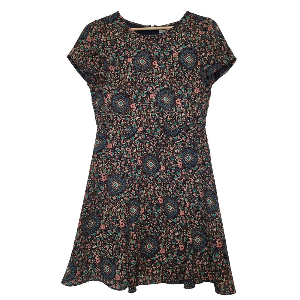 J. Crew Medallion Floral Print Skater Dress Navy Pink Green Size 8